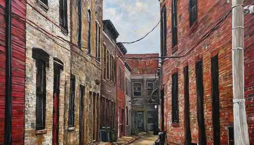 old linden alley,alleyway,alley,narrow street,ohio paint street chillicothe,laneway,old street,red bricks,new orleans,french quarters,red brick,david bates,baltimore,rescue alley,row houses,alley cat,greystreet,fitzroy,blind alley,birch alley,Illustration,Realistic Fantasy,Realistic Fantasy 10