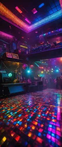 Disco-lit dance floor, vibrant colored lights, flashing strobe, dynamic laser beams, fog machines, crowded people dancing, fashionable club wear, shiny sequins, glittering makeup, big hair, DJ console