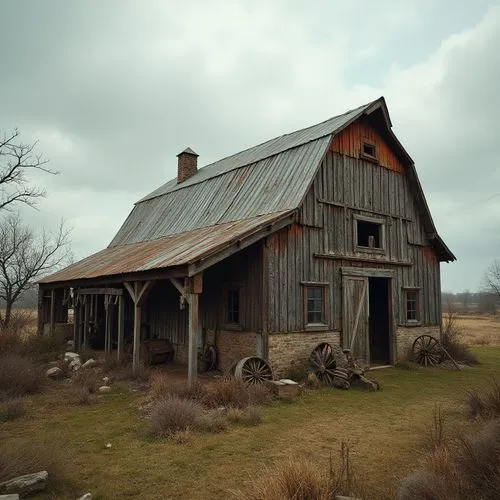 Rustic barn, weathered wooden planks, distressed metal roofs, earthy tones, natural stone foundations, worn brick walls, faded rural landscapes, overcast sky, warm soft lighting, shallow depth of fiel