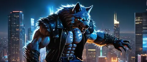 Cyborg werewolf, muscular male, full moon, wolf-like eyes, glowing blue pupils, mechanical limbs, metallic fur, sharp claws, torn jeans, black leather jacket, howling at the sky, cityscape at night, s