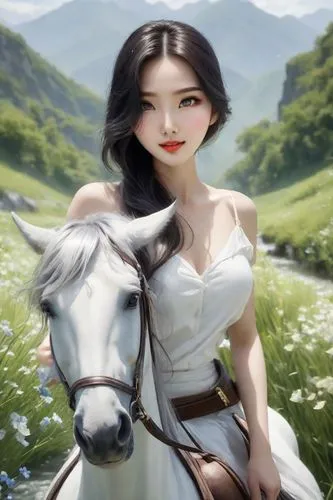 a white horse,qilin,shepherdess,epona,fantasy picture,diaochan,arwen,white rose snow queen,mulan,fairy tale character,mervat,white horse,noblewoman,inner mongolian beauty,qianwen,jingqian,qianfei,yimou,yunxia,hanxiong,Photography,Commercial