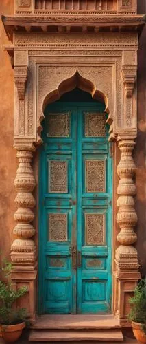 Traditional Indian style home, intricately carved wooden door, ornate stone columns, vibrant turquoise accents, majestic domed roof, ornamental jali windows, lush greenery surrounding, flower-adorned 