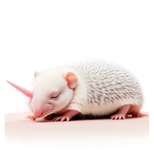 Newborn armadillo, baby animal, solo, white fur, pink nose, small eyes, tiny claws, curled up body, sleeping, morning light, soft focus, shallow depth of field, warm color tone, cinematic composition.