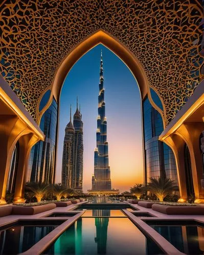 Luxurious skyscraper, futuristic Dubai architecture, golden hour, intricate Arabic patterns, majestic entrance, grand fountain show, lush greenery, sleek glass facade, metallic accents, elegant curves