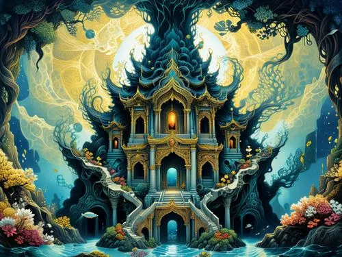 amazing fractal,a painting of a castle with its steps leading to a waterfall,fairy house,fairy tale castle,fairy village,alfheim,fantasy picture,fantasy art,fairy world,witch's house,fairy chimney,fan