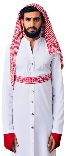 Middle Eastern man, labbaik ya Hussain, serious expression, thick beard, mustache, brown eyes, traditional clothing, white thobe, red and white keffiyeh, gold accents, standing, confident posture, str