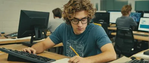 Computer lab, chapter 6, solutions, computer architecture, design, modern desk, ergonomic chair, solo male student, young adult, glasses, messy hair, casual wear, T-shirt, jeans, sneakers, focused exp