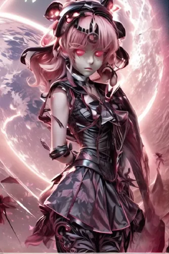 A young woman with her hair and skirt blowing in the wind,an animated character wearing a gothic look outfit,junko,peko,iruma,carmilla,seraphina,madoka