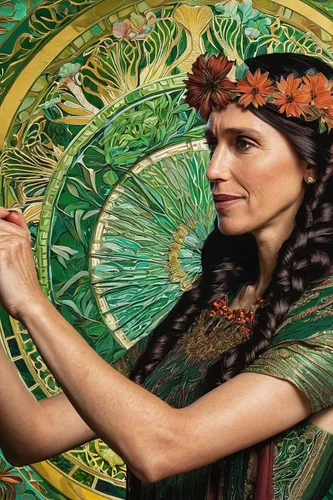 iranian nowruz,celtic queen,anahata,gypsy soul,miss circassian,spring equinox,girl in a wreath,mucha,tanoura dance,gypsy,mother earth,boho art,alfons mucha,zoroastrian novruz,faery,art nouveau,russian folk style,dryad,nowruz,hula,Illustration,Retro,Retro 03