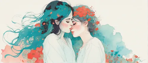 girl kiss,amorous,kissing,whispering,love in the mist,watercolor paint strokes,closeness,two girls,two people,lovers,lovesickness,bough,passion bloom,gemini,kahila garland-lily,honeymoon,scent of jasmine,intertwined,kiss flowers,double exposure,Illustration,Paper based,Paper Based 19