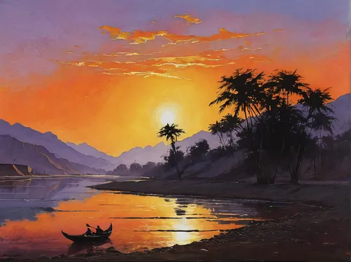 coastal landscape,beach landscape,kerala,samoa,sun of jamaica,vietnam,desert landscape,river landscape,south pacific,oman,tahiti,sunrise beach,landscape background,landscape with sea,mekong,oil painting on canvas,river nile,han thom,kauai,omani,Illustration,Paper based,Paper Based 05