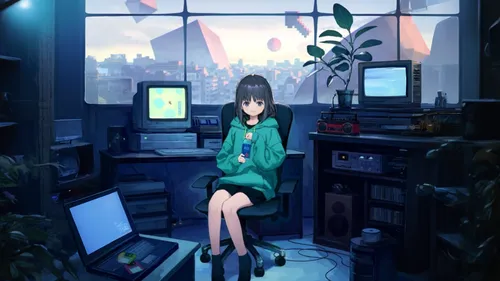 girl at the computer,girl studying,newscaster,night administrator,virtual world,classroom,study room,game illustration,anime 3d,computer,girl sitting,windows 7,blur office background,desk,office worker,computer game,elementary,monitor,receptionist,media player