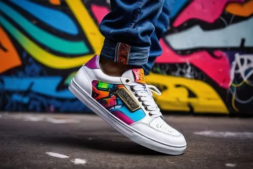 Sneakers, graphic design, colorful laces, white soles, bold logo, metallic buckle, low-top, casual wear, urban setting, city streets, graffiti walls, street art, vibrant colors, dynamic composition, s