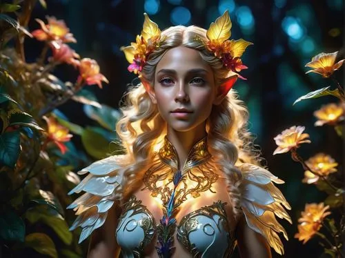 Female elf with light tanned skin, goldden glowing hair with frilly curls, wearing clothes out of flowerpedals,faerie,faery,elven flower,dryad,fairy queen,fantasy portrait,flower fairy,fae,elven,girl 