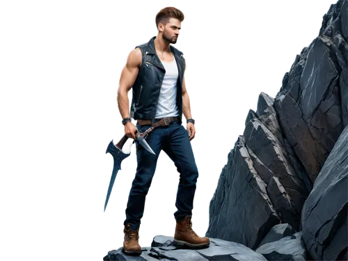 Muscular man, mountain climber, strong jawline, short beard, piercing eyes, messy brown hair, rugged skin, black leather jacket, white tank top, ripped jeans, heavy boots, holding ice axe, standing on