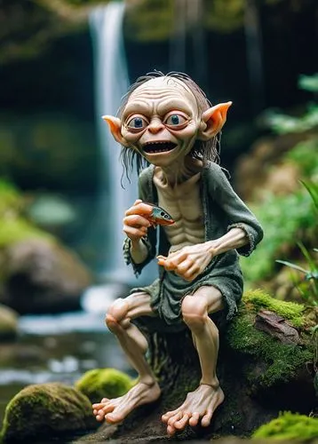 Happy Gollum, slender figure, hunched back, long fingers, toes, messy brown hair, pale skin, big round eyes, sharp teeth, torn clothes, rags, holding fish, sitting on rock, near river, waterfall, mist