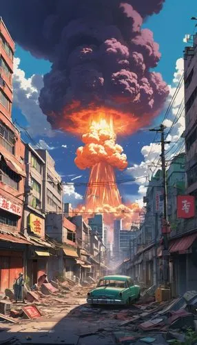 mushroom cloud,apocalyptic,hiroshima,post-apocalyptic landscape,doomsday,nuclear war,apocalypse,gunkanjima,atomic age,post apocalyptic,fukushima,nagasaki,megaton,hibakusha,nucleaire,end of the world,the end of the world,postapocalyptic,world digital painting,thermonuclear,Illustration,Japanese style,Japanese Style 03