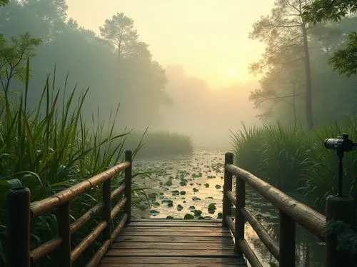 wooden bridge,swamps,wetland,forest lake,swamp,bayou,nature wallpaper,boardwalks,wooden path,wetlands,nature background,flooded pathway,morning mist,swampy landscape,foggy landscape,backwater,the mystical path,nature landscape,forest path,alligator lake,Photography,General,Realistic