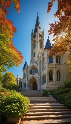 Northwestern University campus, neo-Gothic style buildings, grand staircase, ornate stone carvings, stained glass windows, lush greenery surroundings, autumn foliage, bright blue sky with few clouds, 