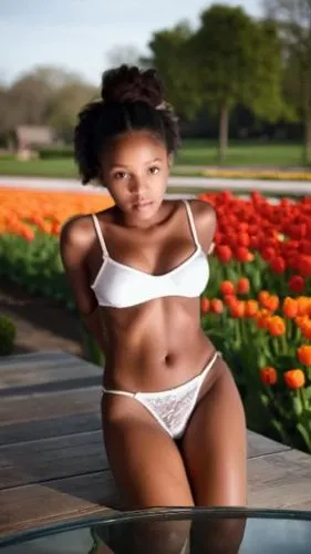 a beautiful young woman wearing white lingerie,chrisette,letoya,thicke,ikpe,latell,ashanti,Small Objects,Outdoor,Tulips