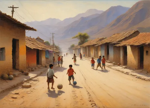 street scene,khokhloma painting,village scene,haiti,malvales,village life,david bates,oil painting on canvas,incas,santiago di cuba,narrow street,mountain village,carl svante hallbeck,rural landscape,afar tribe,slums,cameroon,nomadic people,village street,mud village,Art,Classical Oil Painting,Classical Oil Painting 13