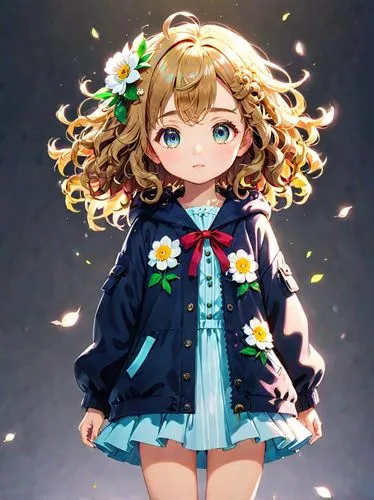 masterpiece,ultra-detailed,best quality,8K,illustration,cute face,clean skin ,shiny hair,girl,simple background <lora:morigami_SD_V1.0:0.7> morigami,hair flower,curly hair,an anime character with very