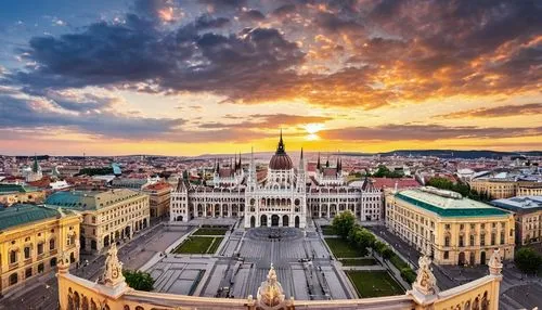 Hungarian architecture, grand, ornate, Baroque style, intricate stone carvings, ornamental facades, golden domes, Gothic spires, medieval, Renaissance influence, Budapest Parliament Building, St. Step