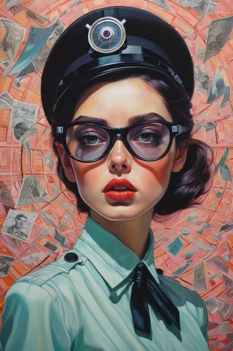 policewoman,bank teller,stewardess,telephone operator,inspector,oil painting on canvas,flight attendant,oil on canvas,postman,modern pop art,cashier,white-collar worker,cool pop art,telegram,robber,civil servant,cigarette girl,police officer,police hat,vintage art,Conceptual Art,Daily,Daily 15