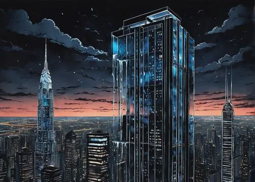 Modern skyscraper, luxurious architecture, sleek lines, glass facade, metallic accents, nighttime cityscape, vibrant neon lights, bustling streets, urban jungle, dramatic clouds, low-angle shot, cinem