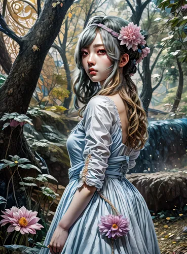 fantasy portrait,girl in the garden,victorian lady,girl in flowers,mystical portrait of a girl,world digital painting,digital painting,girl picking flowers,romantic portrait,fantasy picture,flora,fairy tale character,portrait of a girl,hanbok,fantasy art,forest flower,young girl,cinderella,flower fairy,spring blossoms