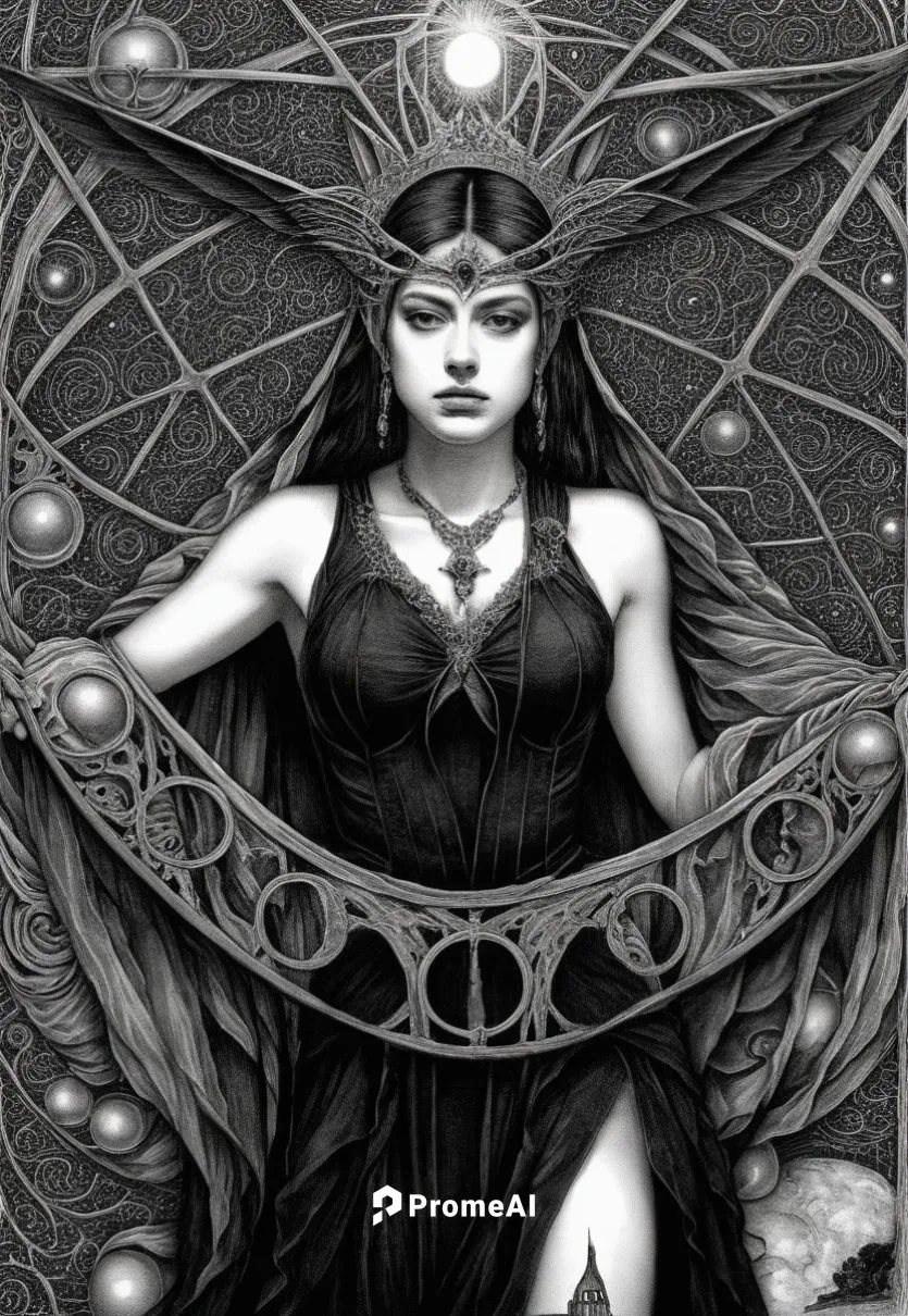 a woman with wings and a castle in the background,hecate,hekate,arachne,priestess,nakshatras,inanna,Illustration,Black and White,Black and White 09