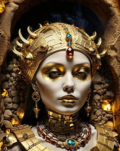 cleopatra,golden mask,gold mask,tutankhamun,ancient egyptian girl,tutankhamen,priestess,jaya,voodoo woman,shamanic,african art,gold jewelry,golden crown,medusa,king tut,headdress,gorgon,somtum,artemisia,gold crown