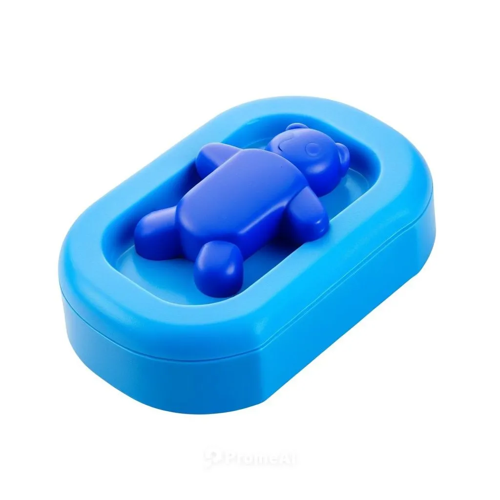 a small toy shaped like a bear in a blue case,pill icon,ice cube tray,mouthguard,gel capsules,gel capsule,isolated product image