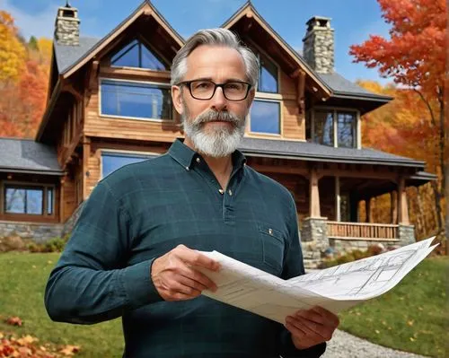 Aron Dean, middle-aged, architect, Vermont, mature, bespectacled, grey hair, beard, casual wear, plaid shirt, dark jeans, brown boots, holding blueprints, standing in front of a modern wooden house, a