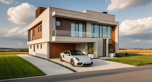 Create an image of a modern home with straight lines and neutral colors. The house is mostly made of concrete but has some details in wood and stone. In the garage, place a beautiful sports car. In th