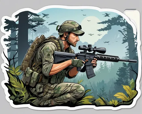 rifleman,game illustration,map icon,battery icon,mobile video game vector background,sniper,clipart sticker,shooter game,download icon,marine expeditionary unit,twitch icon,growth icon,military camouflage,camera illustration,kr badge,infantry,br badge,red army rifleman,life stage icon,military organization,Unique,Design,Sticker