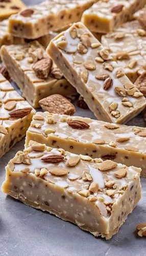 peanut brittle,turrón,torrone,nougat corners,nut-nougat cream,chikki,almond tiles,besan barfi,energy bar,layer nougat,nougat,caramel shortbread,pralines,brittle,wafer cookies,dulce de leche,tempeh,danish nut cake,malted milk,coconut candy,Photography,General,Realistic