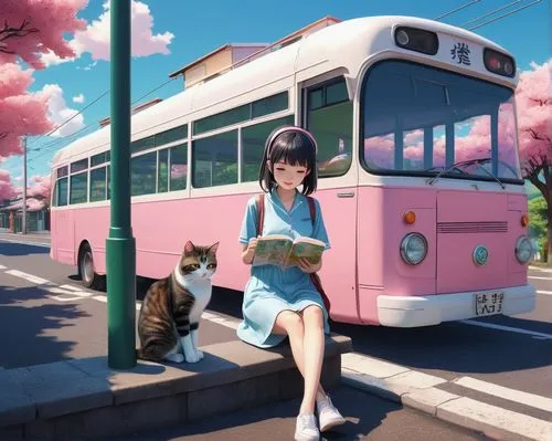 bus stop,street car,monogatari,busstop,bus,sakura background,japanese sakura background,hanami,city bus,minmay,cablecar,streetcars,translink,citycat,tram,sumiala,nouaimi,trams,anime japanese clothing,street cat,Illustration,Japanese style,Japanese Style 08