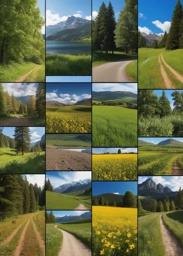 a collage of different pictures with trees and field,landscape background,nature background,background view nature,picture puzzle,windows wallpaper,aaaa,Photography,General,Realistic