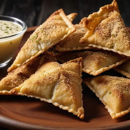 crab rangoon,samosa,empanadas,spinach dumplings,spanakopita,sopaipilla,empanada,gyoza,dumplings,wonton,food photography,curd cheese,cuban pastry,turnip cake,fried fritters,börek,za'atar,curry puff,shrimp dumplings,oven-baked cheese,Photography,General,Realistic