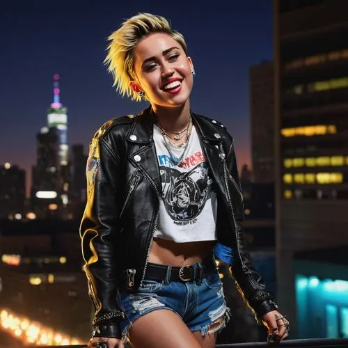 miley,smilers,smiler,rockabella,denim background,zhawn,birds of prey-night,denim jacket,gaga,billie,popdust,punk,rock chick,rockstar,popmatters,kreayshawn,jean jacket,on the roof,icon,tongue out,Illustration,Realistic Fantasy,Realistic Fantasy 27