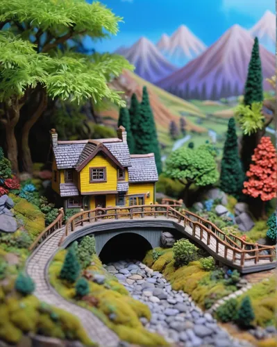 miniature house,model railway,japanese garden ornament,japanese zen garden,korean folk village,japan garden,alpine village,fairy village,model train,japanese shrine,japan landscape,wooden railway,diorama,wooden bridge,zen garden,japanese garden,folk village,sake gardens,model train figure,wooden train,Illustration,Paper based,Paper Based 17