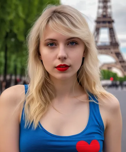 a portrait half body of a young caucasian girl 24 years old blonde hair red lips in a blue t-shirt in the street of Paris whit the Eiffel Tower as background in 4k,french digital background,paris clip