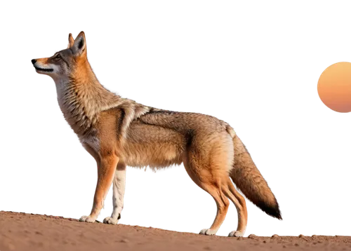 wild coyote, desert landscape, solo, howling at moon, gray fur, pointed ears, bushy tail, lean body, sharp claws, sunset lighting, warm color tone, panoramic view, shallow depth of field, cinematic co