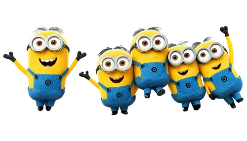 Minions, yellow skin, goggles, overalls, banana lovers, cute facial expressions, smiling mouths, big eyes, round bodies, playful gestures, holding bananas, standing on one leg, jumping, laughing, sunn