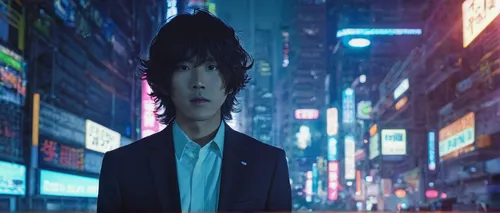 Create a mysterious prompt featuring Dazai Osamu uncovering a secret organization in the dark streets of Yokohama.,shinjuku,noodle image,shibuya,tokyo,tokyo city,cyberpunk,blue rain,ren,yukio,kame sen