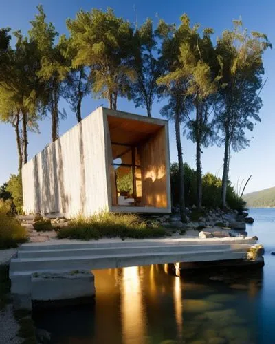 The interior of a minimalist cottage is adorned with sleek steel sheet panels, evoking a minimalist vibe. The cabin is decorated with a panoramic window towards a crystal-clear river, which seems to g