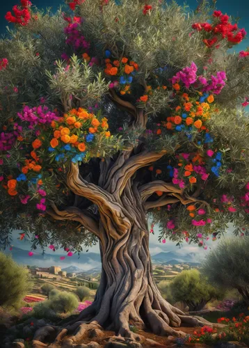 colorful tree of life,flourishing tree,flower tree,argan tree,tree of life,blossom tree,fruit tree,mirabelle tree,apple tree,blossoming apple tree,painted tree,tangerine tree,flowering tree,magic tree,olive tree,peach tree,celtic tree,strawberry tree,orange tree,world digital painting,Photography,General,Fantasy