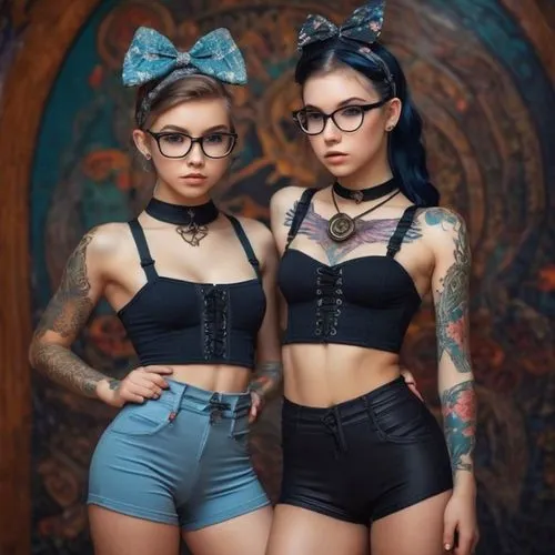 butterfly dolls,cholas,pin-up girls,retro pin up girls,pin up girls,denim bow,bombshells,two glasses,two girls,cat ears,cyberangels,damsels,silver framed glasses,tatu,twinset,chicanas,pussycats,kitten