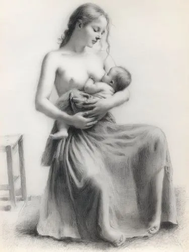 白色背景,a pencil drawing of a woman holding a baby,maternal,mother and infant,pregnant woman icon,breastfeed,bonnat,breastfed,Illustration,Black and White,Black and White 35